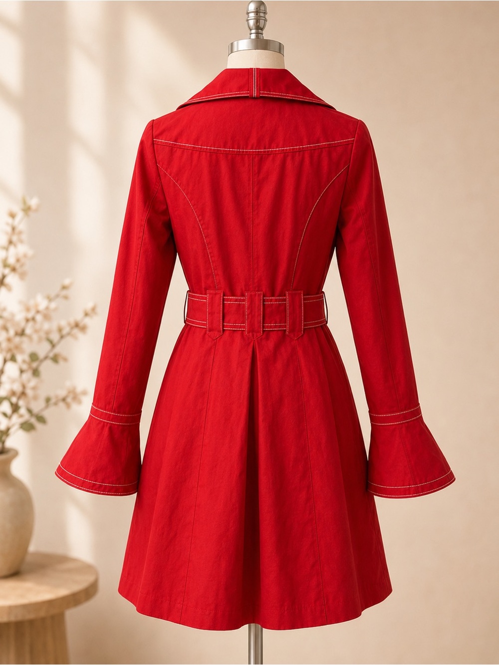 Laundry By Design Red Coat Bell Sleeve Trench Jacket Belted Cotton Fabulous - Picture 5 of 13